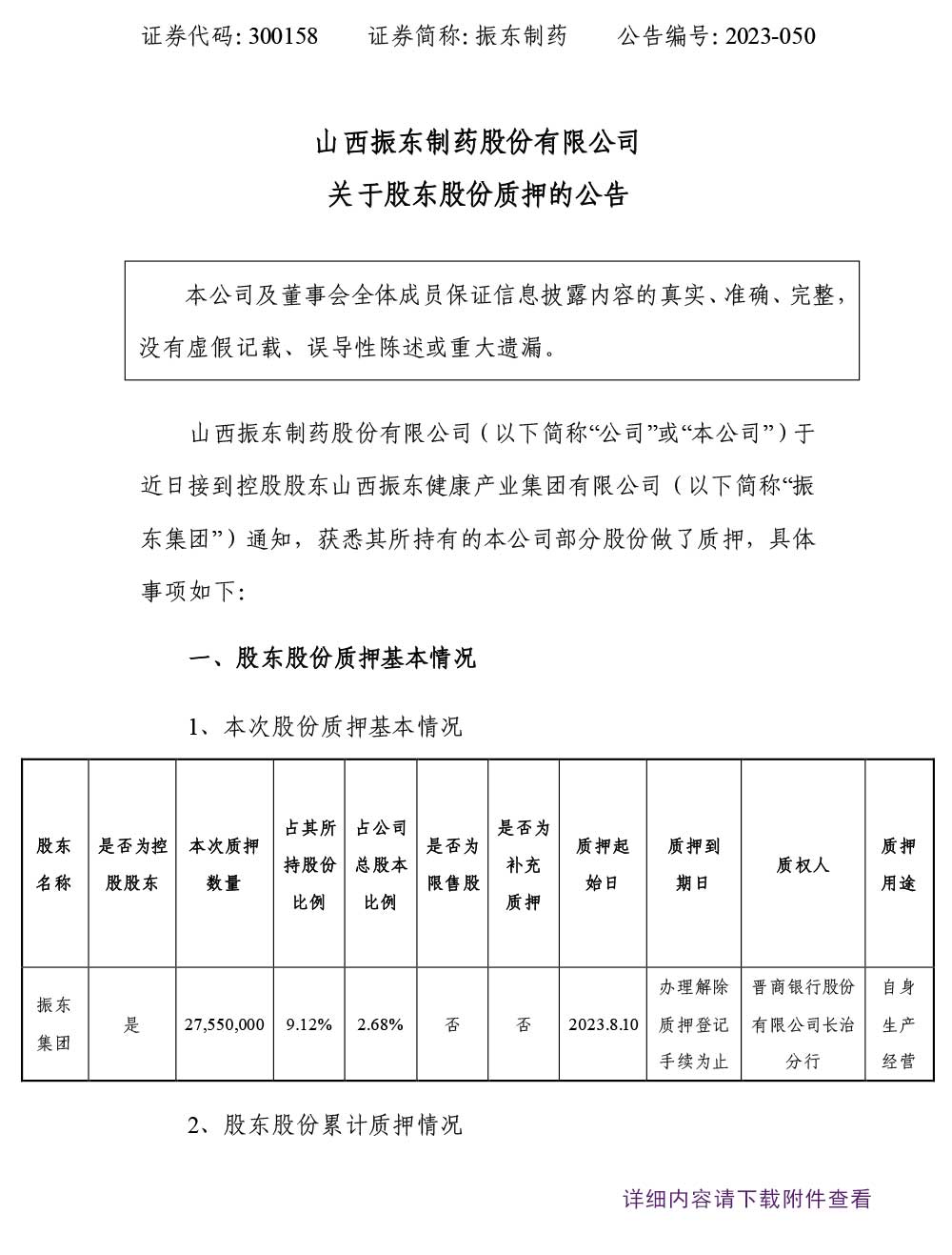 九游会J9制药,九游会J9,300158,股东股份质押,股份质押